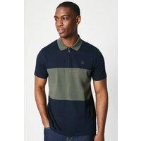 Mens Block Stripe Zip Polo Shirt - Navy - M