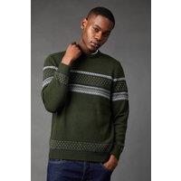Mens Placement Stripe Pattern Crew Neck Jumper - Dark Green - M