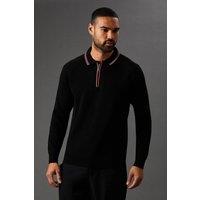 Mens Fine Gauge Long Sleeve Zip Neck Knitted Polo - Black - S