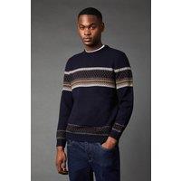 Mens Placement Stripe Pattern Crew Neck Jumper - Navy - S