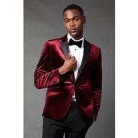 Burton Mens Blazer Slim Fit Velvet Tuxedo Jacket Burgundy Formal Wear