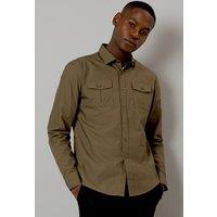 Mens Khaki Twin Pocket Cotton Poplin Long Sleeve Shirt - S