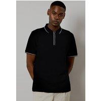 Mens Black Jacquard Check Zip Neck Tipped Polo Shirt - M