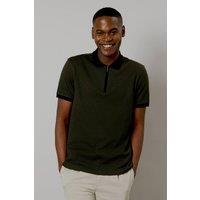 Mens Dark Green Contrast Collar Zip Neck Polo Shirt - Olive - L