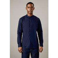 Mens Navy Premium Cotton Grandad Tailored Fit Long Sleeve Shirt - S