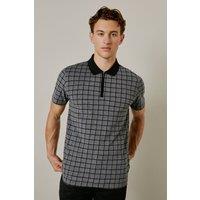Mens Black Check Jacquard Zip Neck Polo Shirt - S