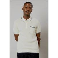 Mens White Waffle Textured Knitted Polo - L