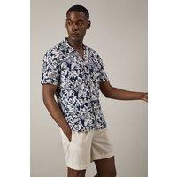 Mens Navy Floral Print Revere Collar Short Sleeve Shirt - S