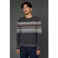 Burton Men Charcoal Fairisle Placement Crew Neck Jumper | Size: Medium