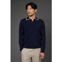 Burton Men Navy Resort Collar Knitted Long Sleeve Polo Shirt | Size: X-Large