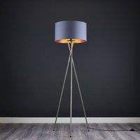 ValueLights Camden Brushed Chrome Tripod Floor Lamp with Grey & Copper Lamp Shade