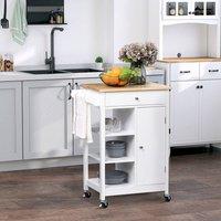 HOMCOM Kitchen Storage Trolley Cart Unit Wood Top Shelves Cupboard Drawer in White