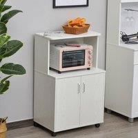 HOMCOM Wooden Microwave Cart on Wheels Modern Storage Shelf 2-door Cabinet Trolley in White