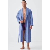 British Boxers Men Stowe Prussian Blue & White Stripe Crisp Cotton Dressing Gown in Navy | Size: 2X-large