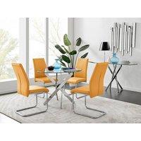 FurnitureboxUK Novara Clear Tempered Glass 100cm Round Dining Table with Chrome Starburst Legs & 4 Lorenzo Faux Leather Chairs in Mustard