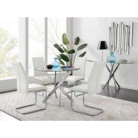 FurnitureboxUK Novara Clear Tempered Glass 100cm Round Dining Table with Chrome Starburst Legs & 4 Lorenzo Faux Leather Chairs in White