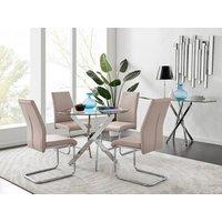 FurnitureboxUK Novara Clear Tempered Glass 100cm Round Dining Table with Chrome Starburst Legs & 4 Lorenzo Faux Leather Chairs in Beige