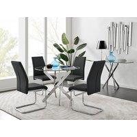 FurnitureboxUK Novara Clear Tempered Glass 100cm Round Dining Table with Chrome Starburst Legs & 4 Lorenzo Faux Leather Chairs in Black