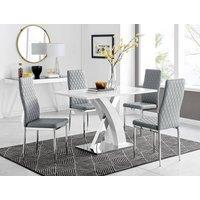 FurnitureboxUK Atlanta White High Gloss and Chrome 4 Seater Dining Table with X Shaped Legs and 4 Faux Leather Milan Chairs in Grey