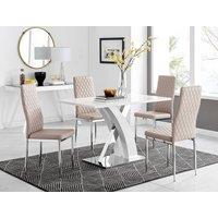 FurnitureboxUK Atlanta White High Gloss and Chrome 4 Seater Dining Table with X Shaped Legs and 4 Faux Leather Milan Chairs in Beige