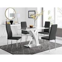 FurnitureboxUK Atlanta White High Gloss and Chrome 4 Seater Dining Table with X Shaped Legs and 4 Faux Leather Milan Chairs in Black