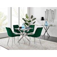 FurnitureboxUK Novara Clear Tempered Glass 100cm Round Dining Table with Chrome Starburst Legs & 4 Pesaro Velvet Silver Leg Chairs in Green