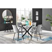 FurnitureboxUK Novara 4 Seater Black Leg Round Glass Dining Table & 4 Pesaro Soft Velvet Black Leg Chairs in Grey