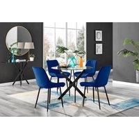 FurnitureboxUK Novara 4 Seater Black Leg Round Glass Dining Table & 4 Pesaro Soft Velvet Black Leg Chairs in Navy