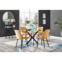 FurnitureboxUK Novara 4 Seater Black Leg Round Glass Dining Table & 4 Pesaro Soft Velvet Black Leg Chairs in Mustard
