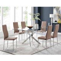 FurnitureboxUK Leonardo Glass And Chrome Metal Dining Table And 6 Milan Chairs Dining Set in Beige