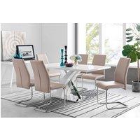 FurnitureboxUK Atlanta Modern Rectangle Chrome Metal High Gloss White Dining Table And 6 Lorenzo Chairs Set in Beige