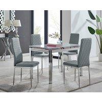 FurnitureboxUK Enna White Glass Extending 4-6 Seater Dining Table and 4 Milan Faux Leather Chairs in Grey