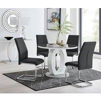 FurnitureboxUK Giovani Round 4 Seat 100cm White High Gloss Unique Halo Base Grey Glass Top Dining Table 4 Soft Faux Leather Lorenzo Chairs in Black
