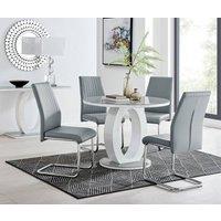 FurnitureboxUK Giovani Round 4 Seat 100cm White High Gloss Unique Halo Base Grey Glass Top Dining Table 4 Soft Faux Leather Lorenzo Chairs in Mustard