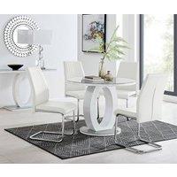 FurnitureboxUK Giovani Round 4 Seat 100cm White High Gloss Unique Halo Base Grey Glass Top Dining Table 4 Soft Faux Leather Lorenzo Chairs