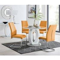FurnitureboxUK Giovani Round 4 Seat 100cm White High Gloss Unique Halo Base Grey Glass Top Dining Table 4 Soft Faux Leather Lorenzo Chairs
