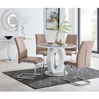 FurnitureboxUK Giovani Round 4 Seat 100cm White High Gloss Unique Halo Base Grey Glass Top Dining Table 4 Soft Faux Leather Lorenzo Chairs in Beige