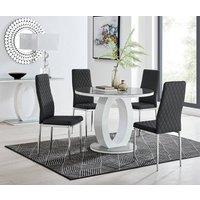 FurnitureboxUK Giovani Round 4 Seat 100cm White High Gloss Halo Base Grey Glass Top Dining Table 4 Soft Faux Leather Silver Leg Milan Chairs in Black