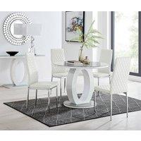 FurnitureboxUK Giovani Round 4 Seat 100cm White High Gloss Halo Base Grey Glass Top Dining Table 4 Soft Faux Leather Silver Leg Milan Chairs