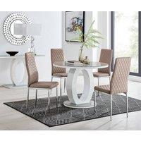 FurnitureboxUK Giovani Round 4 Seat 100cm White High Gloss Halo Base Grey Glass Top Dining Table 4 Soft Faux Leather Silver Leg Milan Chairs in Beige