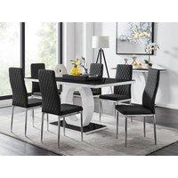 FurnitureboxUK Giovani Rectangular 6 Seat White High Gloss Unique Halo Dining Table Black Glass Top 6 Faux Leather Silver Leg Milan Chairs
