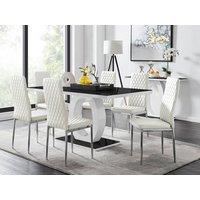 FurnitureboxUK Giovani Rectangular 6 Seat White High Gloss Unique Halo Dining Table Black Glass Top 6 Faux Leather Silver Leg Milan Chairs