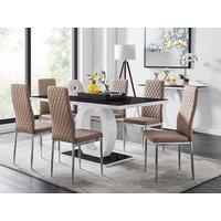 FurnitureboxUK Giovani Rectangular 6 Seat White High Gloss Unique Halo Dining Table Black Glass Top 6 Faux Leather Silver Leg Milan Chairs in Beige