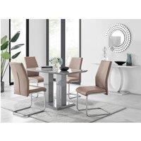 FurnitureboxUK Imperia Grey High Gloss 4 Seater Dining Table with Structural 2 Plinth Column Legs 4 Soft Faux Leather Lorenzo Chairs in Beige