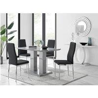 FurnitureboxUK Imperia Grey High Gloss 4 Seater Dining Table with Structural 2 Plinth Column Legs 4 Soft Faux Leather Silver Leg Milan Chairs in Black