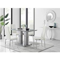 FurnitureboxUK Imperia Grey High Gloss 4 Seater Dining Table with Structural 2 Plinth Column Legs 4 Soft Faux Leather Silver Leg Milan Chairs in White
