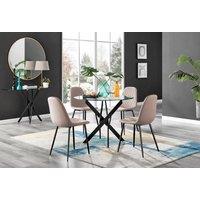 FurnitureboxUK Novara 4 Seater Black Leg Round Glass Dining Table & 4 Corona Faux Leather Black Leg Chairs in Beige