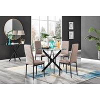 FurnitureboxUK Novara 4 Seater Black Leg Round Glass Dining Table & 4 Milan Faux Leather Black Leg Chairs in Beige