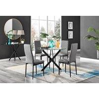 FurnitureboxUK Novara 4 Seater Black Leg Round Glass Dining Table & 4 Milan Faux Leather Black Leg Chairs in Grey