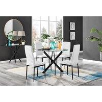 FurnitureboxUK Novara 4 Seater Black Leg Round Glass Dining Table & 4 Milan Faux Leather Black Leg Chairs in White